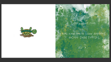 Load image into Gallery viewer, Dead turtle and stylized text on a green background that says:  Sorry about that. I don't know how to draw anything except dead turtles.