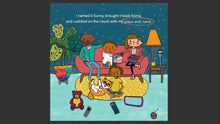 Load image into Gallery viewer, A deep-toned man, warm-toned woman, rich-toned boy, and rich-toned kid relaxing at home. Text says: I named it Sunny, brought it back home, and cuddled on the couch with my papa and nana.