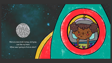 Load image into Gallery viewer, Deep-toned girl looking out of a space ship window. Text says: Mercury was small, lumpy, and gray. Just like my heart. When I was I going to find an alien?