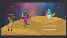 Load image into Gallery viewer, Two deep-toned girls on a yellow planet. Text says: On Venus I found my cousin; she was a stowaway! But she brought juice boxes, so hey, could be worse.