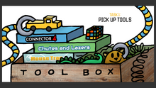 Load image into Gallery viewer, Robot placing toys in toy chest labeled "Tool Box." Text says: Task 1: Pick up tools.