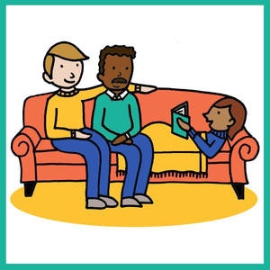 Warm-toned man, deep-toned man, and rich-toned girl reading on sofa
