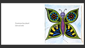 A bee hiding in a butterfly's wings. Text says: Sometimes they played hide-and-seek. 