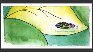A butterfly and bee sleeping on a leaf. Text says: Sometimes they just snuggled.