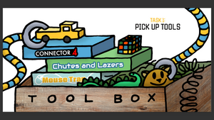 Robot placing toys in toy chest labeled "Tool Box." Text says: Task 1: Pick up tools.